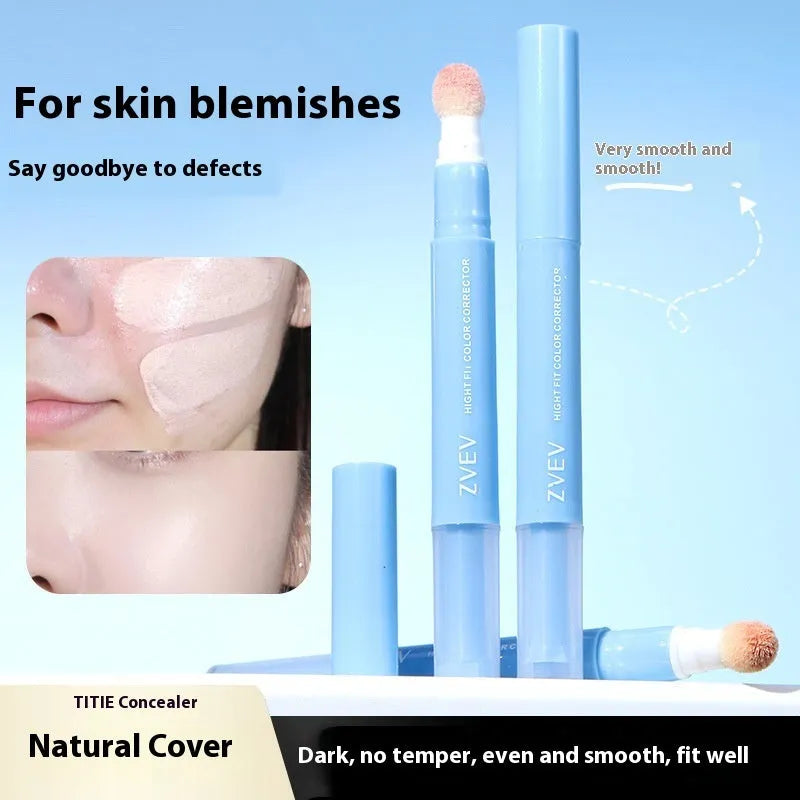 Concealer pen with sponge brush head applicator shown in brightening skin, pink flesh and flesh colour options