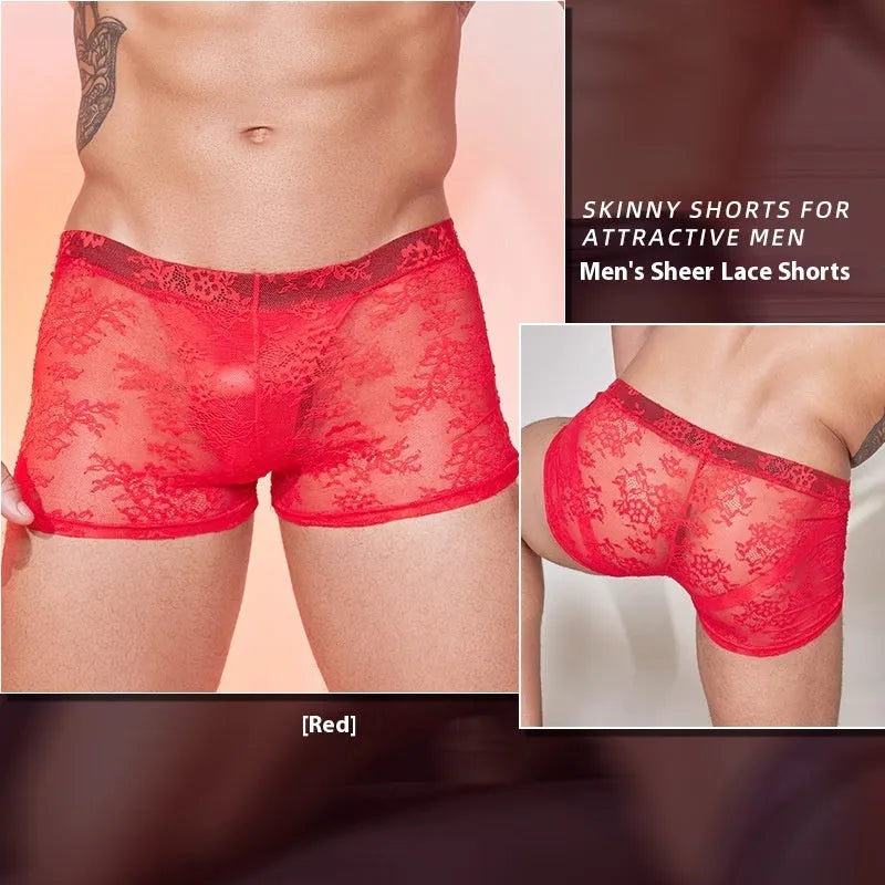 Men's black boxer briefs with white lace trim on the leg opening.