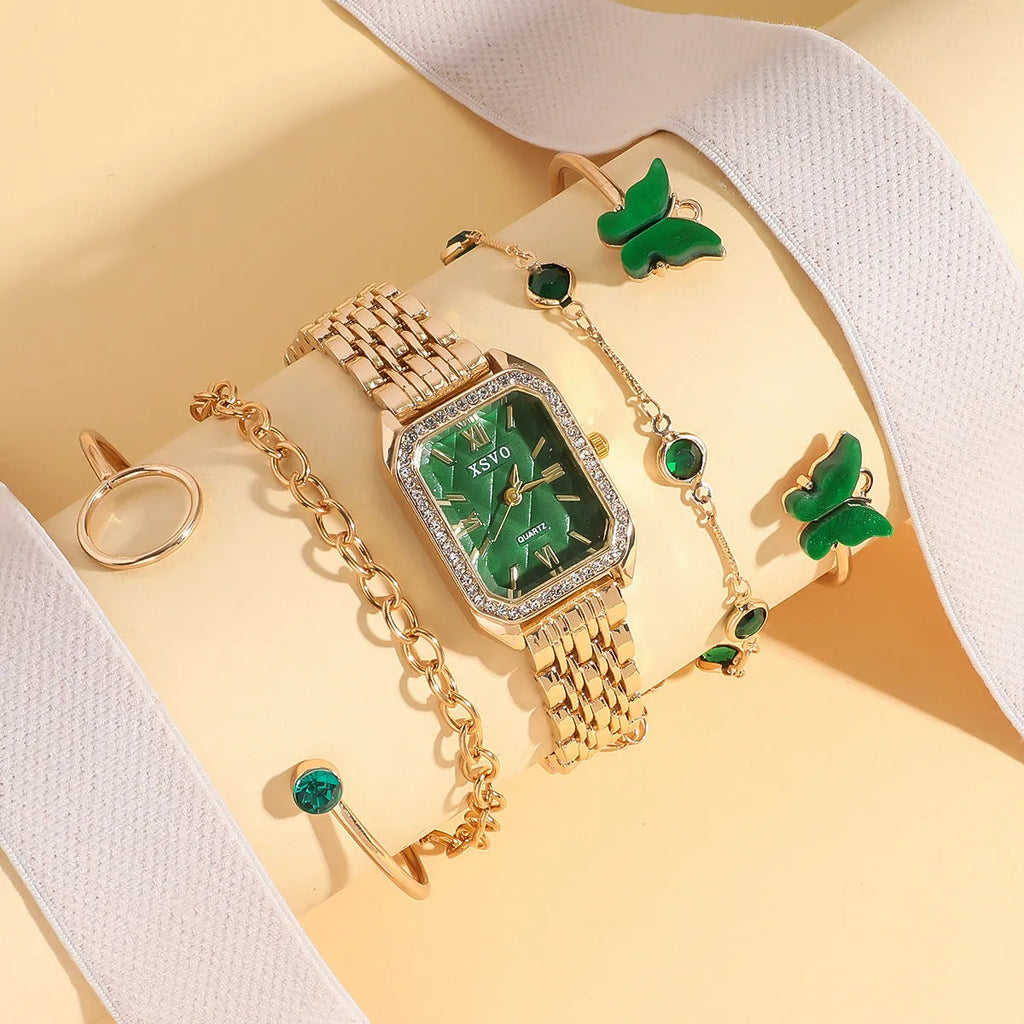 Gold green square ladies watch with four matching bracelets in five-piece jewellery set