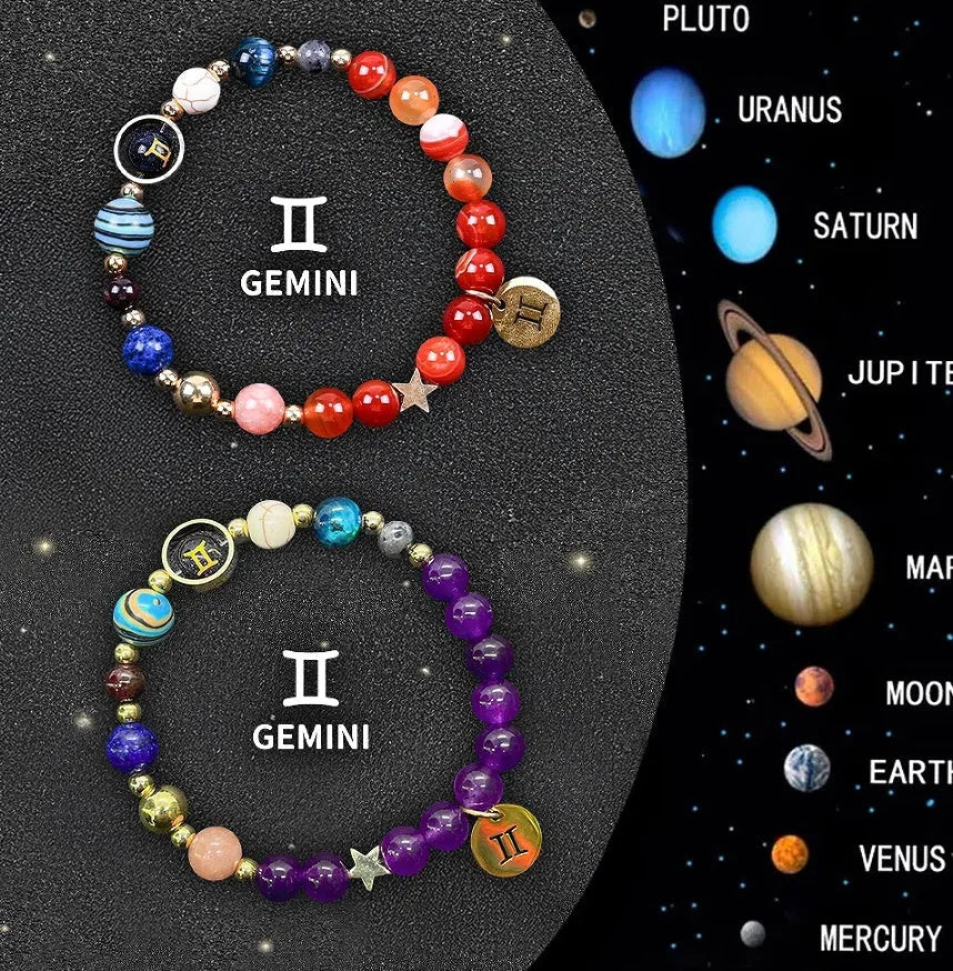 Natural stone beaded bracelets showing zodiac sign designs for all twelve star symbols