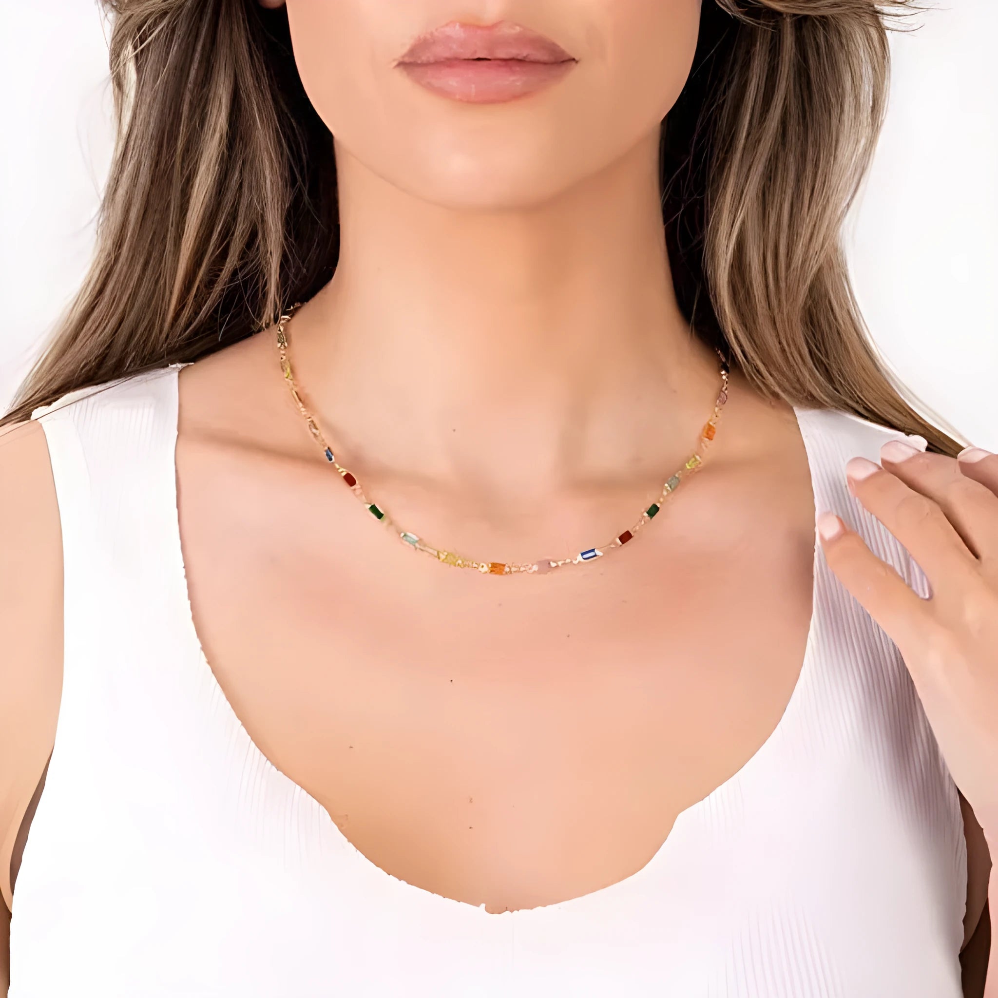 Geometric crystal pendant necklace for women with alloy chain, shown in a random colour.