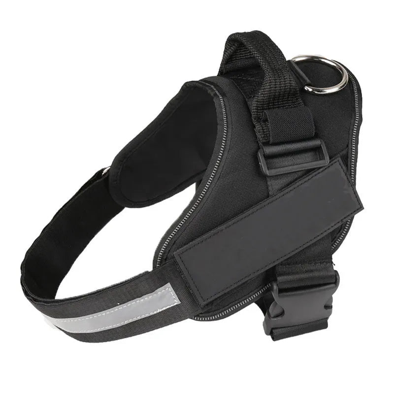 Adjustable reflective dog harness with handle and D-ring on blue background showing size chart