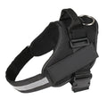 Adjustable reflective dog harness with handle and D-ring on blue background showing size chart