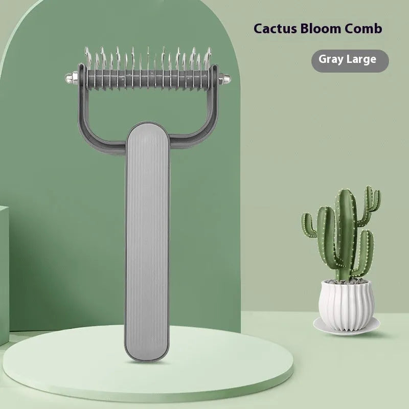 Dog grooming comb with stainless steel teeth and plastic handle in green or grey colour