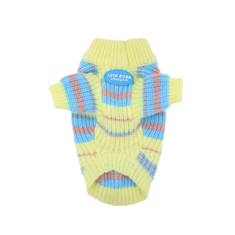 Blue and yellow striped wool dog sweater for small breeds in sizes XS to XXL