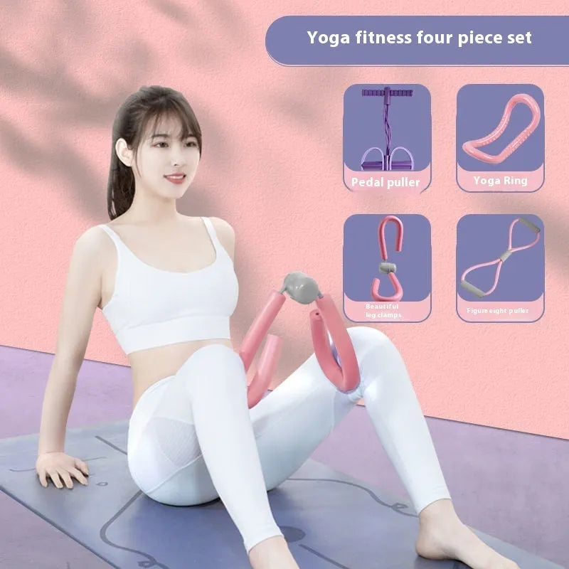 Yoga four piece fitness set with leg stretching device, yoga ring, pedal tensioner and figure eight rope