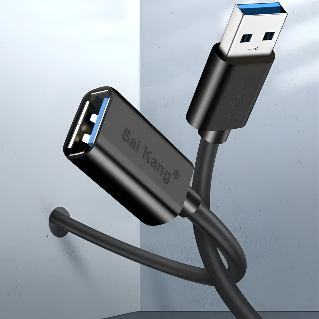 Black USB male to female extension cable showing connector details, available in various lengths.