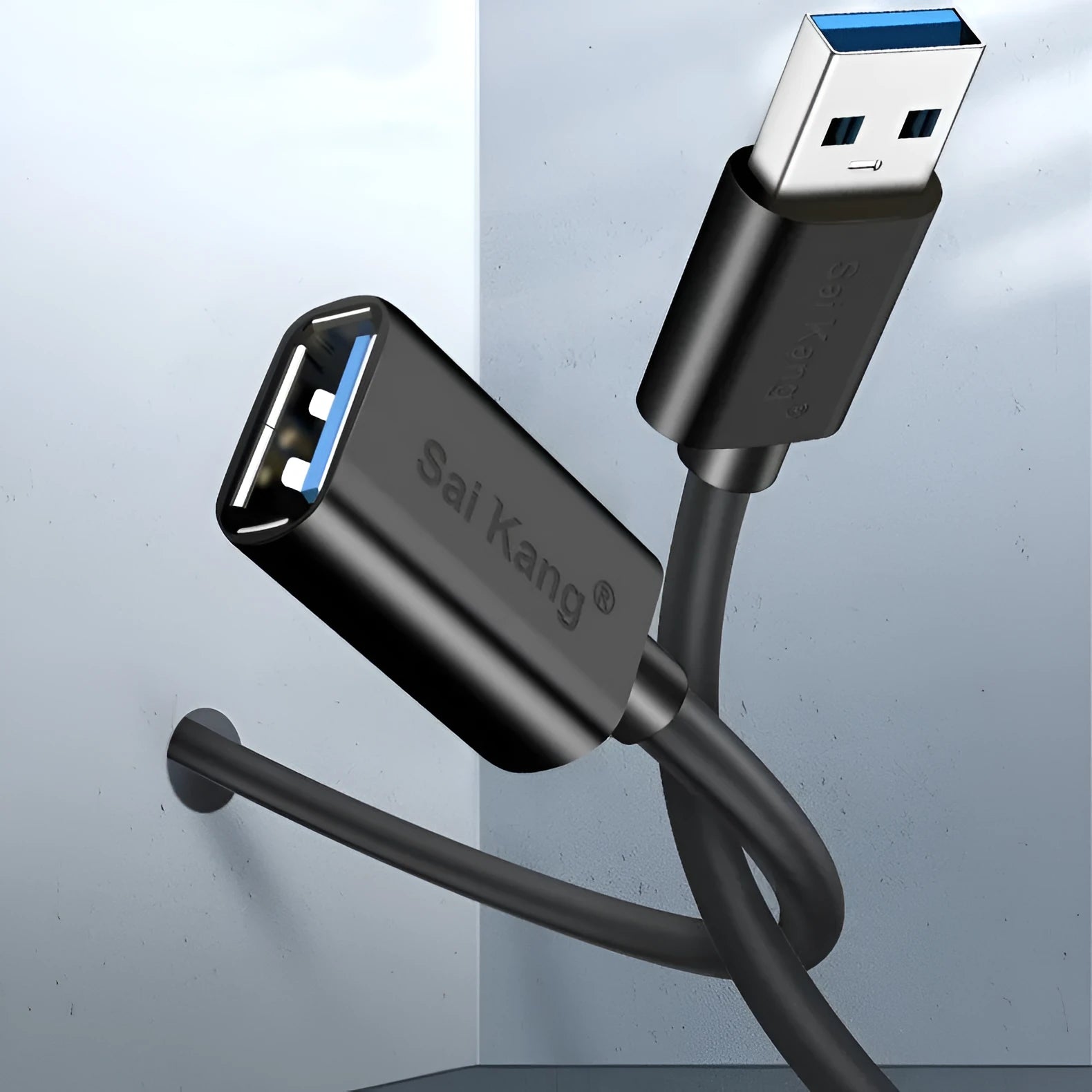 Black USB male to female extension cable showing connector details, available in various lengths.