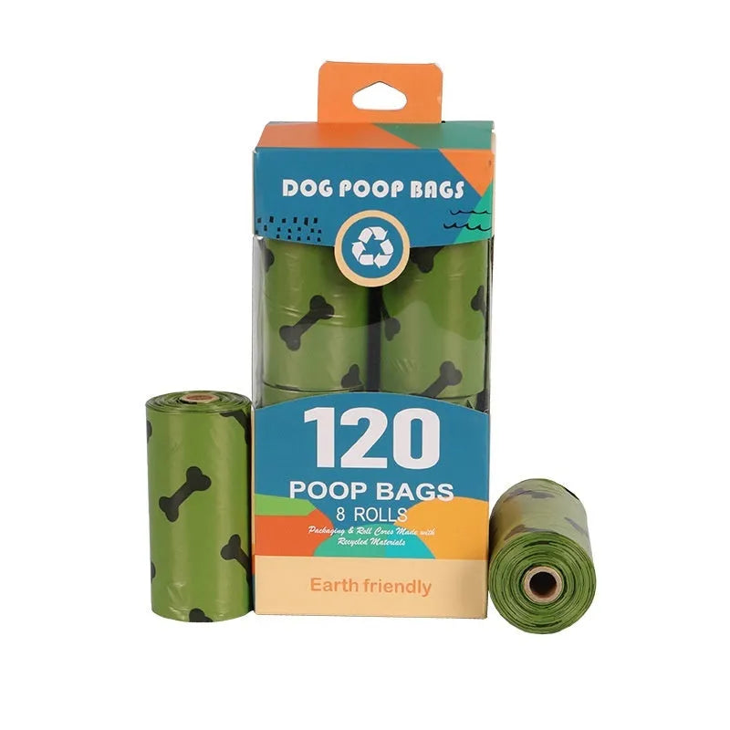 Roll of army green degradable dog waste bags with black bone print, showing bag size and dispenser.