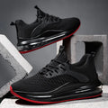 Men's low-top black mesh running shoes with lace-up front and rubber sole.