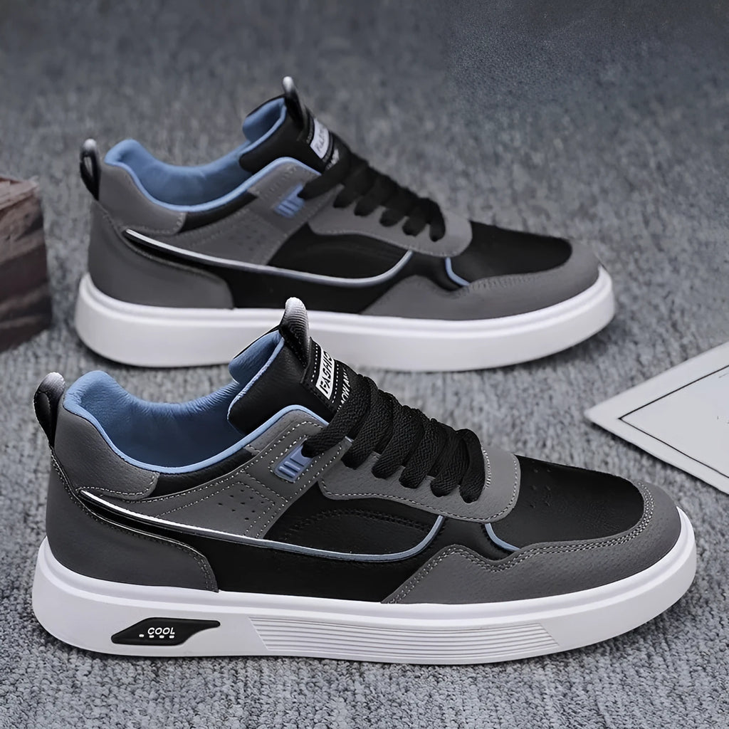Men's low-top canvas board shoes in black, beige, or gray with mesh lining and round toe