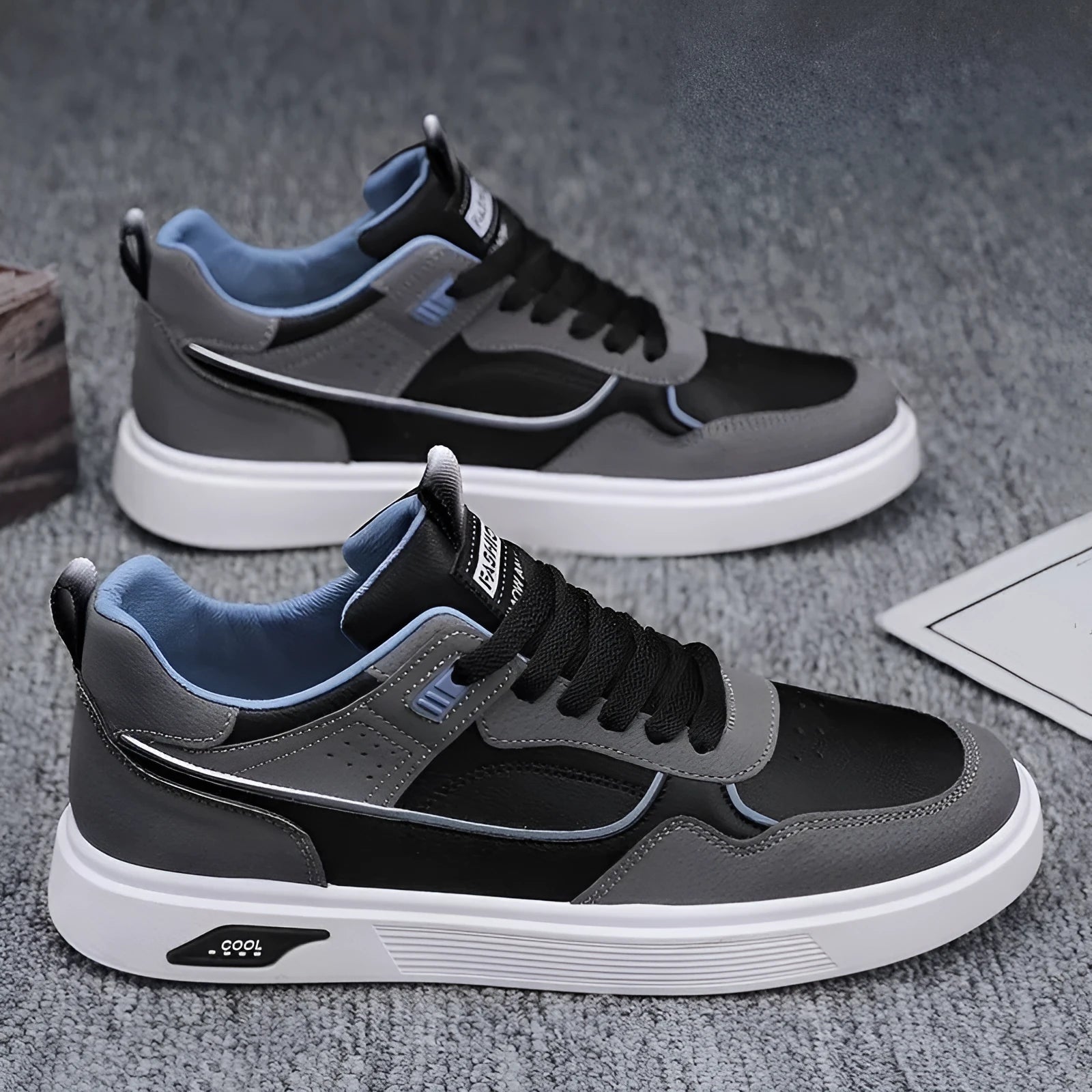 Men's low-top canvas board shoes in black, beige, or gray with mesh lining and round toe