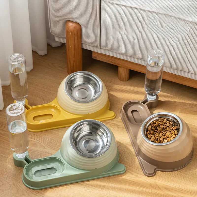 Brown automatic cat water bowl with elevated food dish for cats and small dogs
