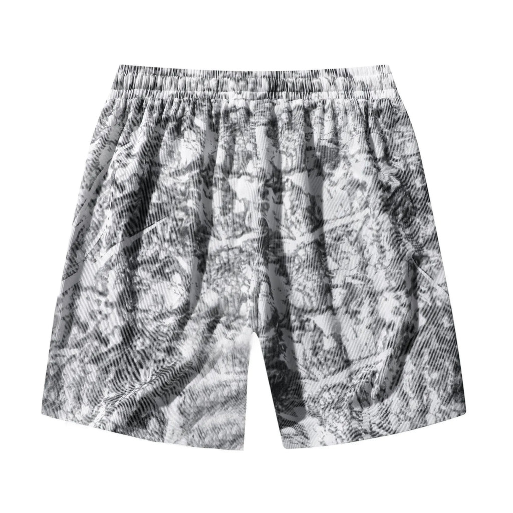 Men's camouflage pattern corduroy shorts with an elasticated high waistband on a plain background.