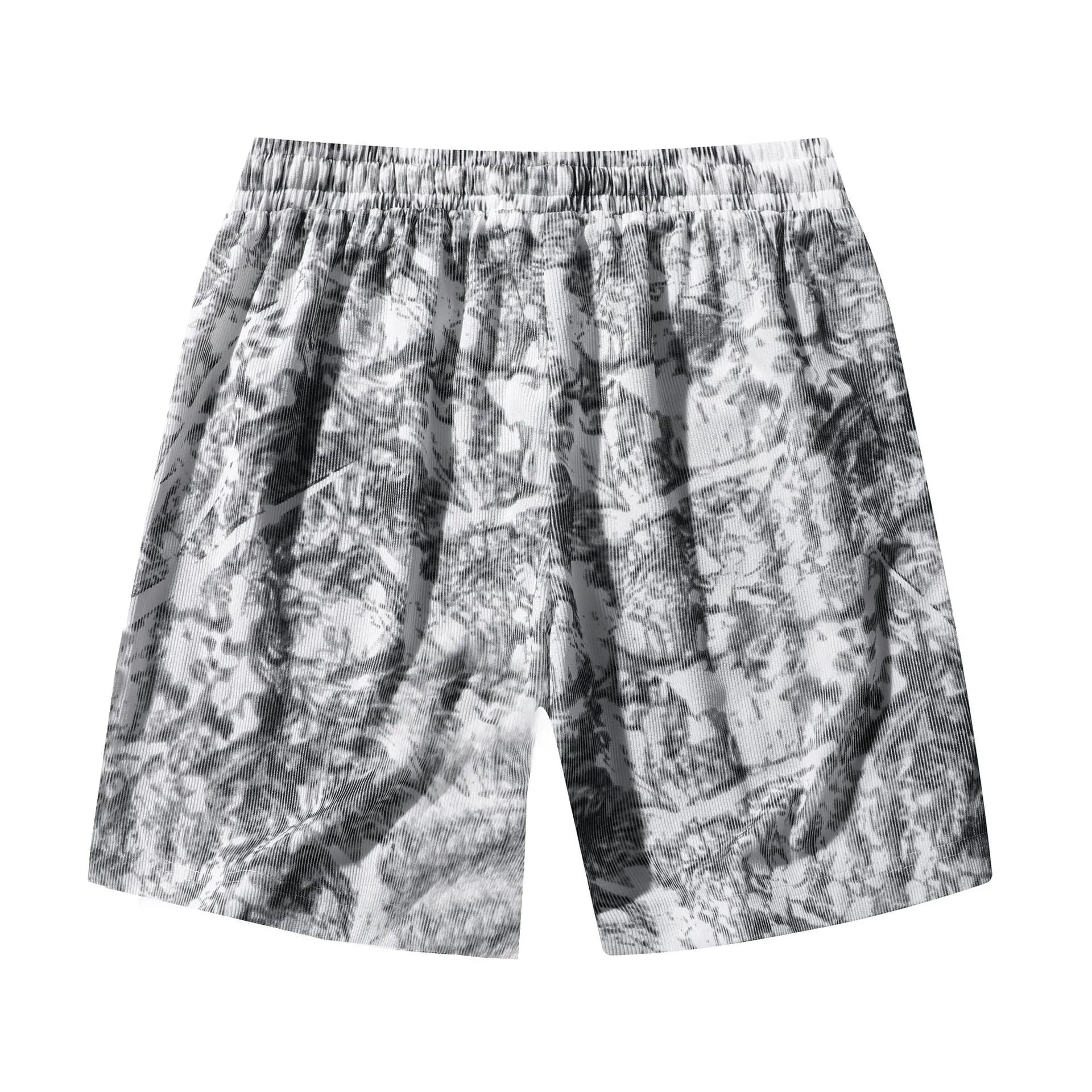 Men's camouflage pattern corduroy shorts with an elasticated high waistband on a plain background.