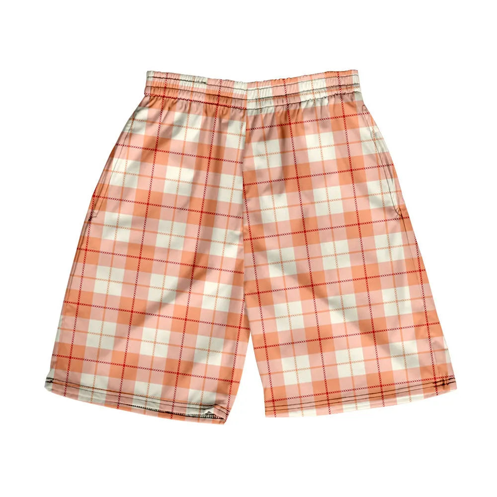 Men's plaid pattern casual shorts with an elastic waistband, shown in a straight-leg style.