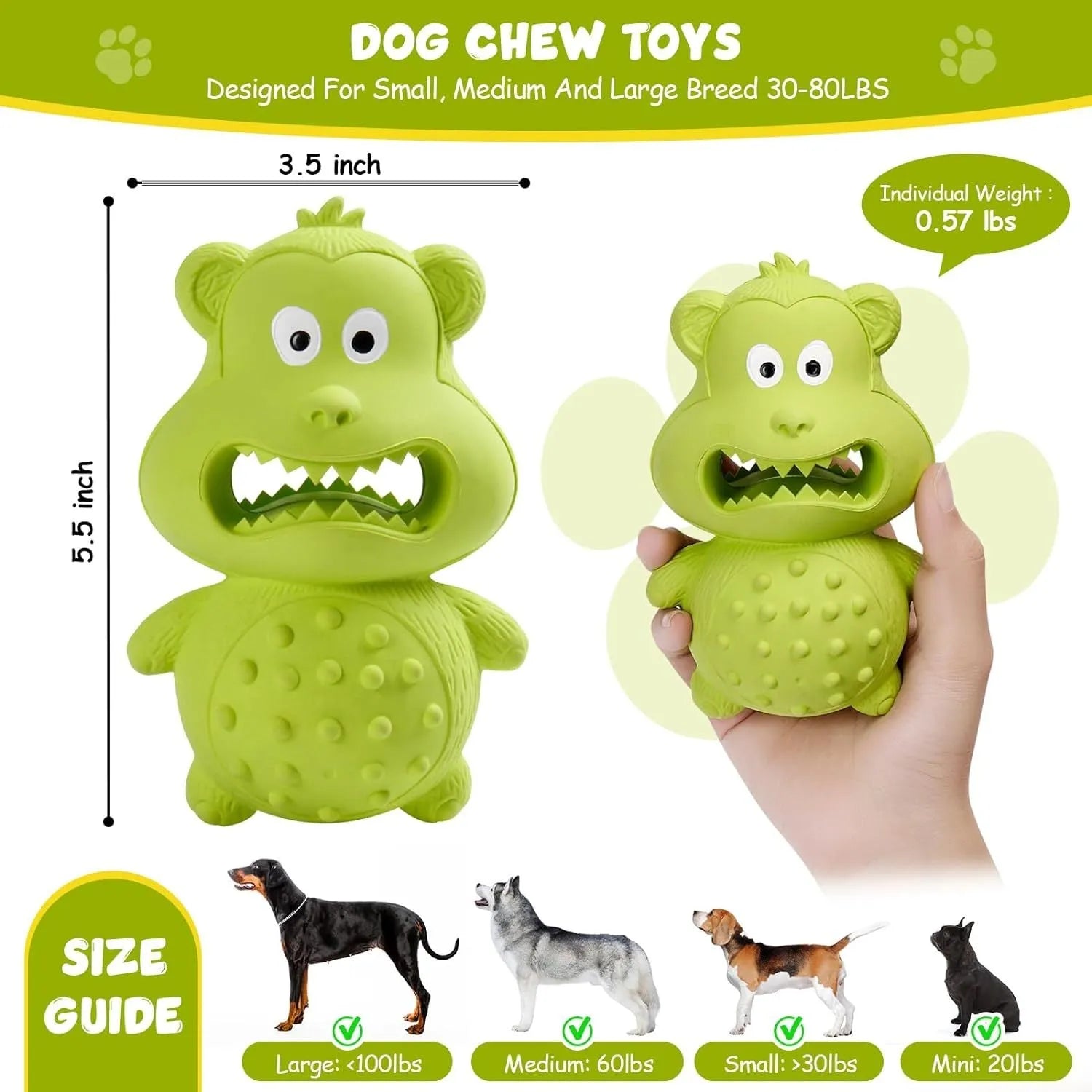 Green and yellow natural rubber dog chew toy for aggressive chewers, shown with a hollow centre for treats.