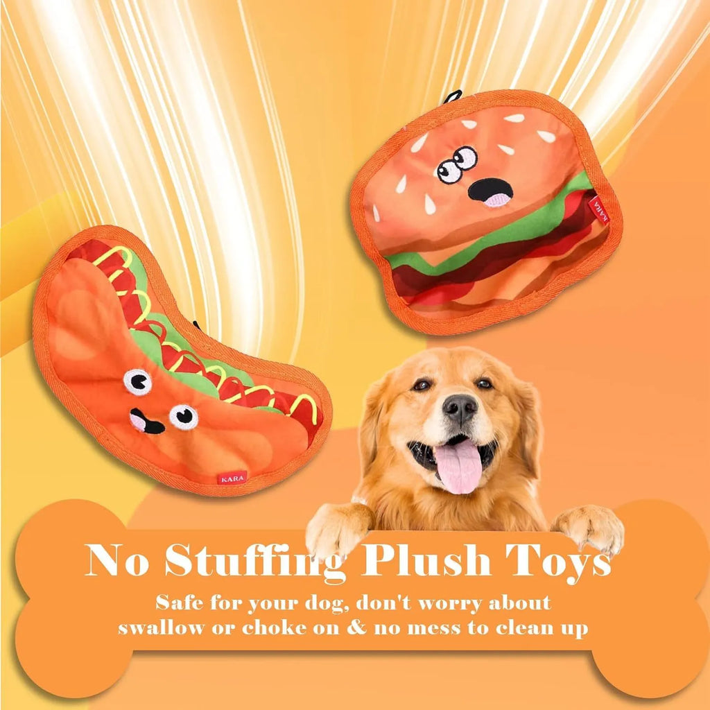 Crinkle and squeak dog toy in burger shape with no stuffing for puppies