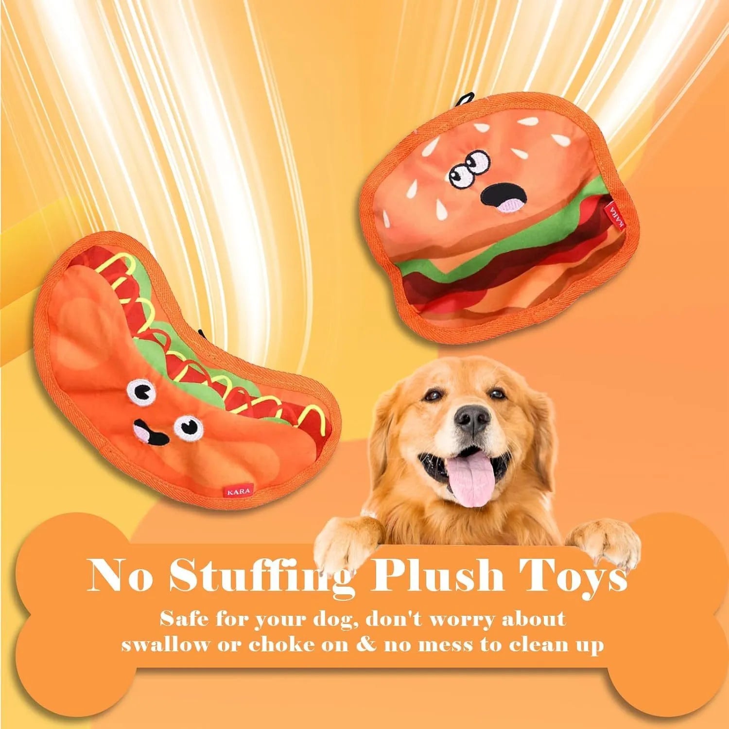 Crinkle and squeak dog toy in burger shape with no stuffing for puppies