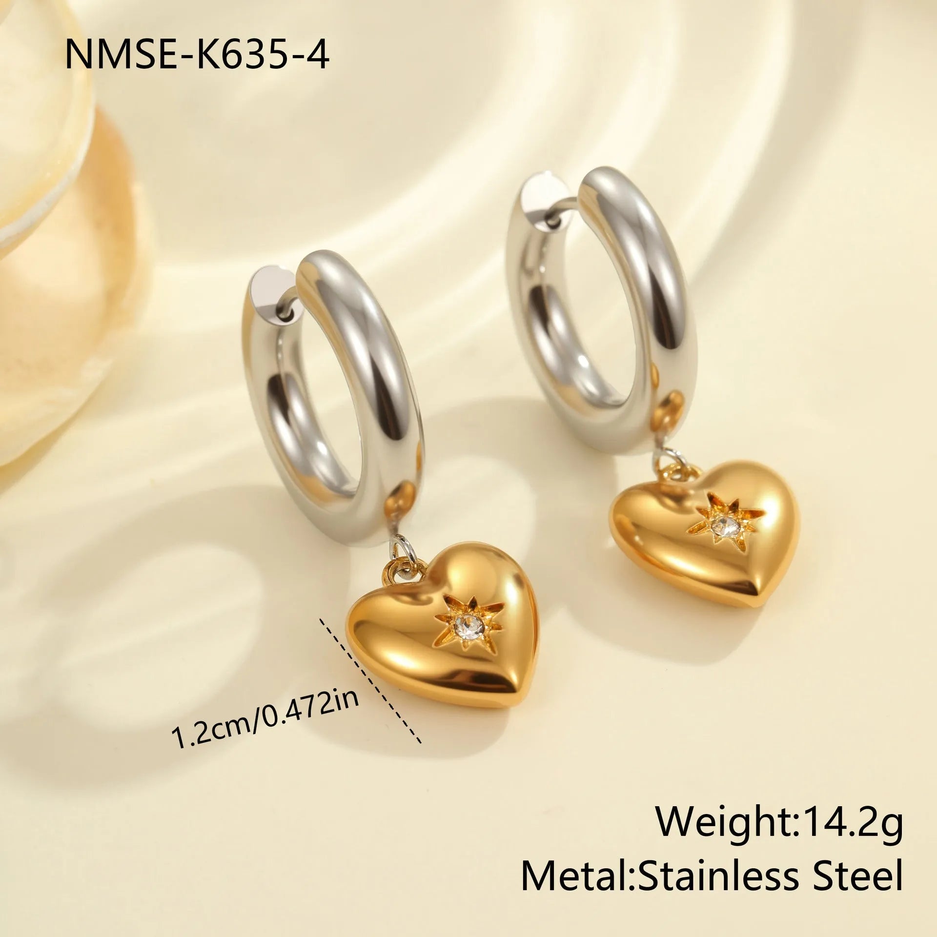 Stainless steel Christmas tree heart earrings with 18K gold electroplating and star geometry