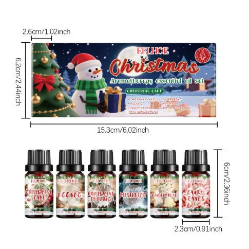 Christmas aromatherapy oil diffuser kit showing six scented oil bottles and ceramic vessel with reed sticks