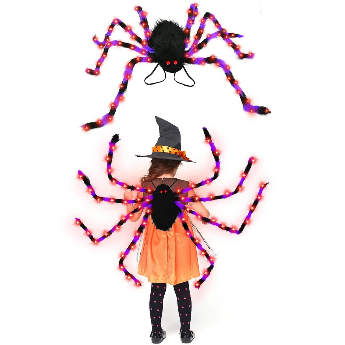 Halloween spider backpack with purple LED lights in orange colour with plush sugar bag compartment