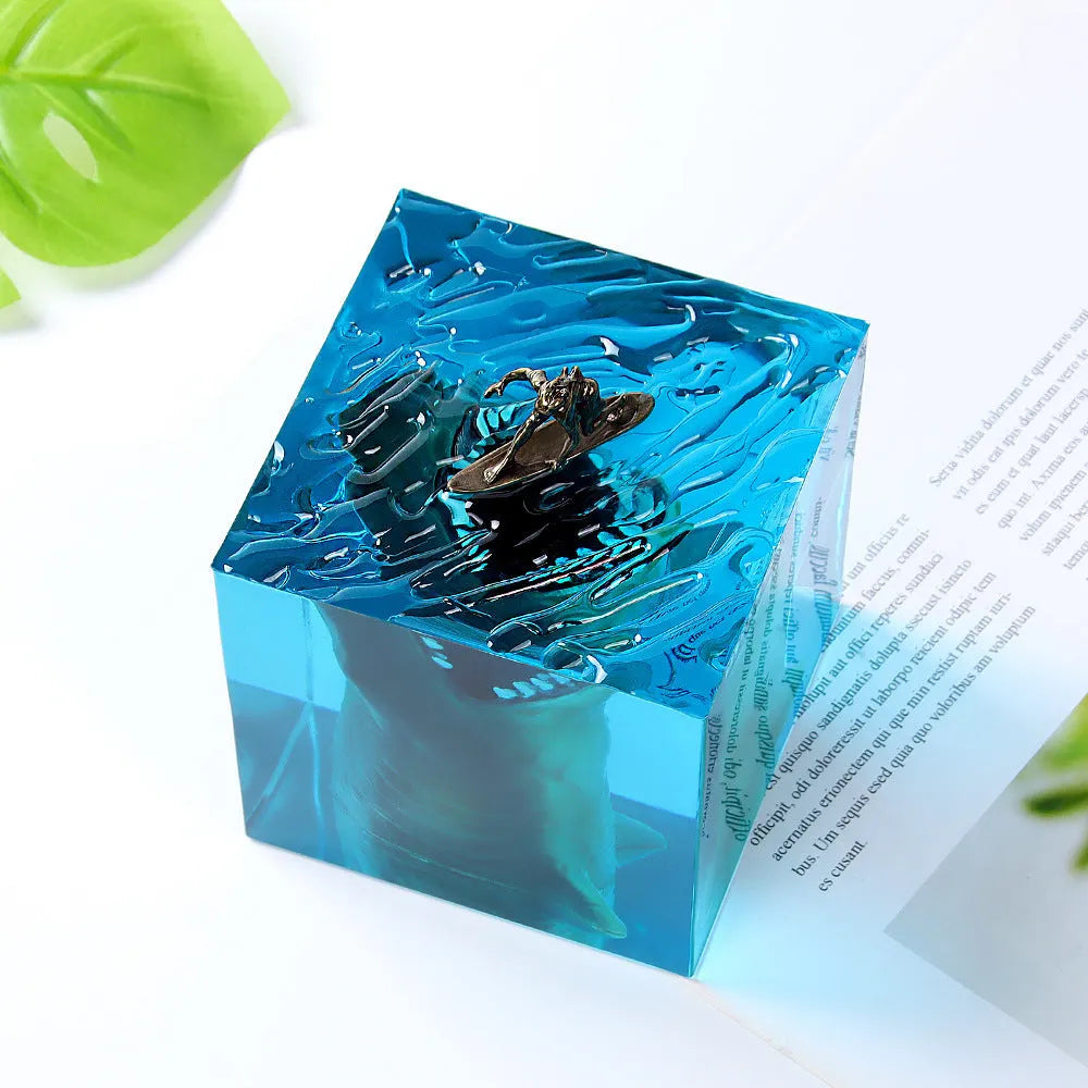 Clear epoxy resin shark surfer night light ornament with LED, modern design in 5cm or 8cm size.