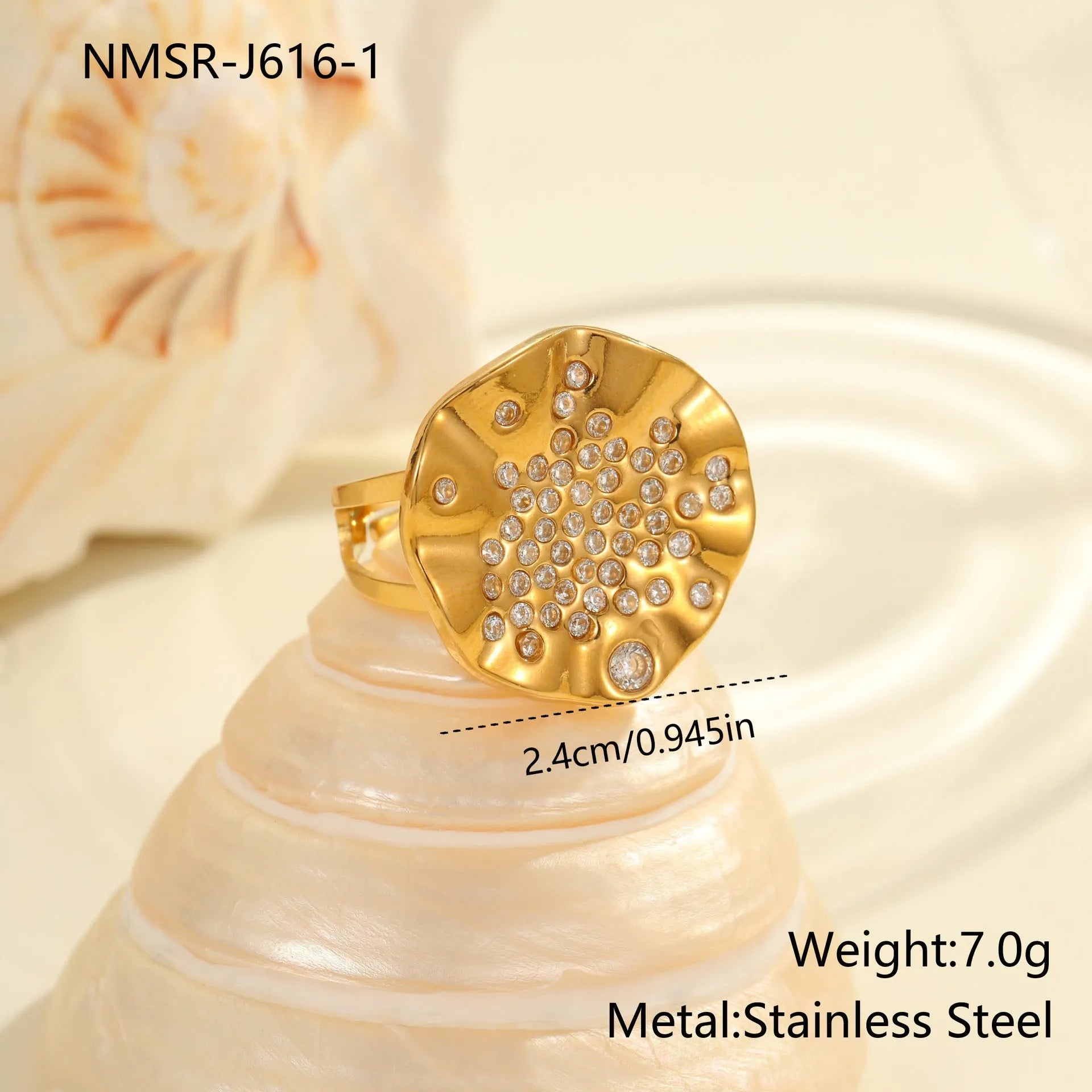 Geometric stainless steel ring with pleated inlaid design in open mouth construction