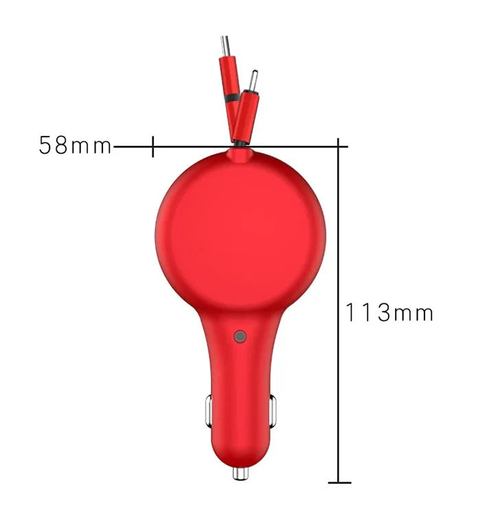 Black retractable car charger showing Type-C and iPhone charging ports with retracted cables