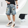 Men's blue distressed denim shorts with straight leg cut and zipper fly