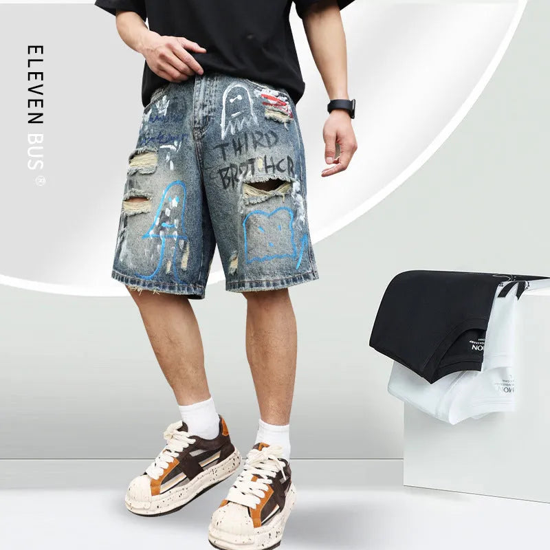 Men's blue distressed denim shorts with straight leg cut and zipper fly