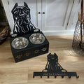 Personalised dog bowl holder with stainless steel bowls engraved with dog name on iron stand