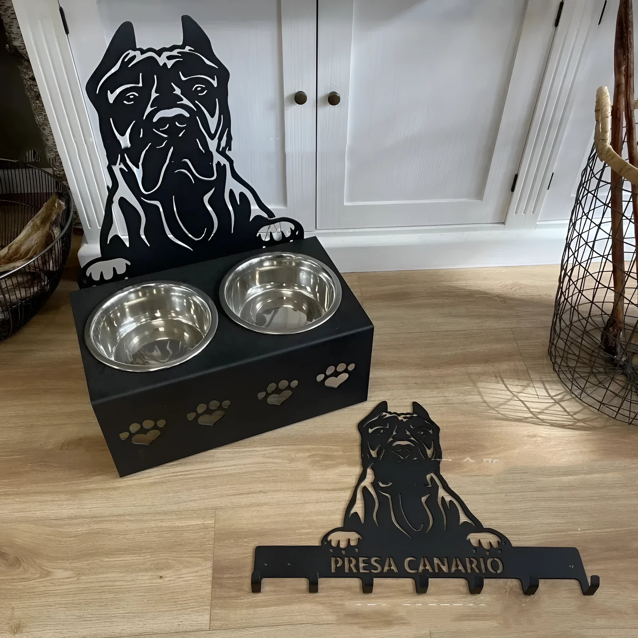 Personalised dog bowl holder with stainless steel bowls engraved with dog name on iron stand