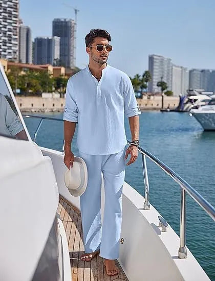 Men's casual cotton suit in a solid colour, featuring a long-sleeve top and trousers.