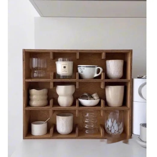 Solid birch wood multi-layer cup storage rack with square design and grid compartments