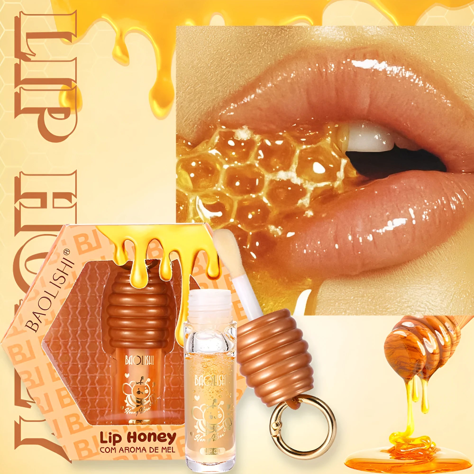 Portable honey lip gloss canister with keychain attachment for moisturising and nourishing lips.