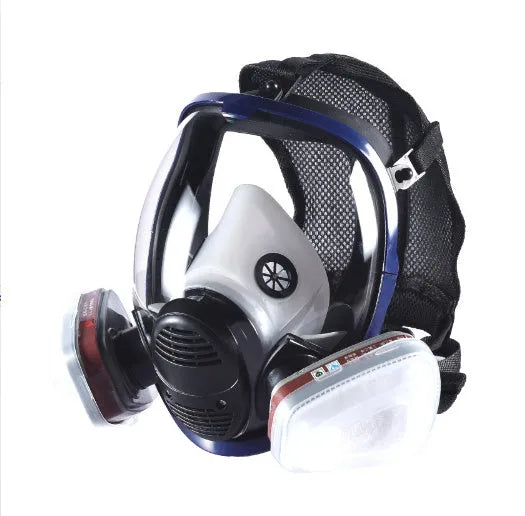 KN95 gas activated carbon spherical full face mask with blue edge design and trapezoidal canister