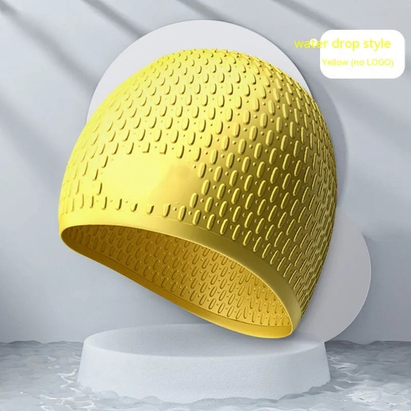 Silicone water drop design swimming cap for adults shown in various colours.