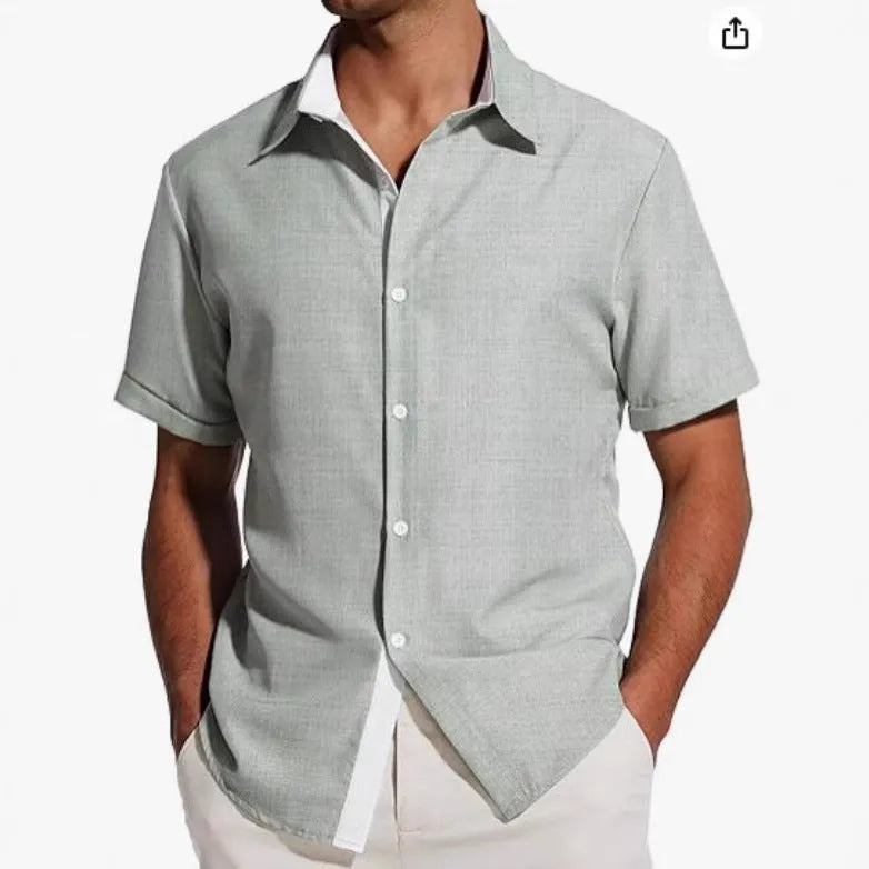 Men's grey short-sleeved shirt with floral print pattern, cardigan style.