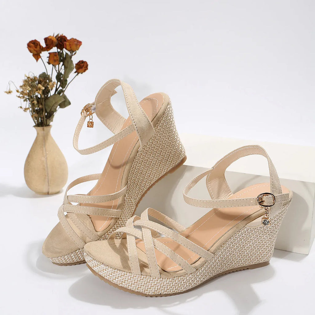 Women's wedge sandals with fish mouth open toe design in black and milky white colours