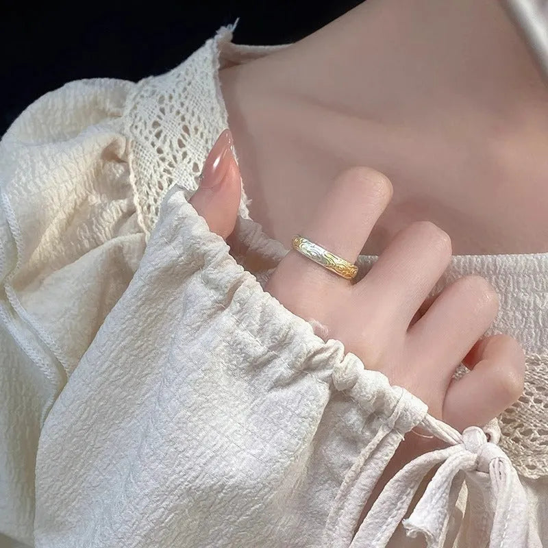 J14 Xiangyun open mouth ring in white copper with geometric pattern and electroplated gold silver finish