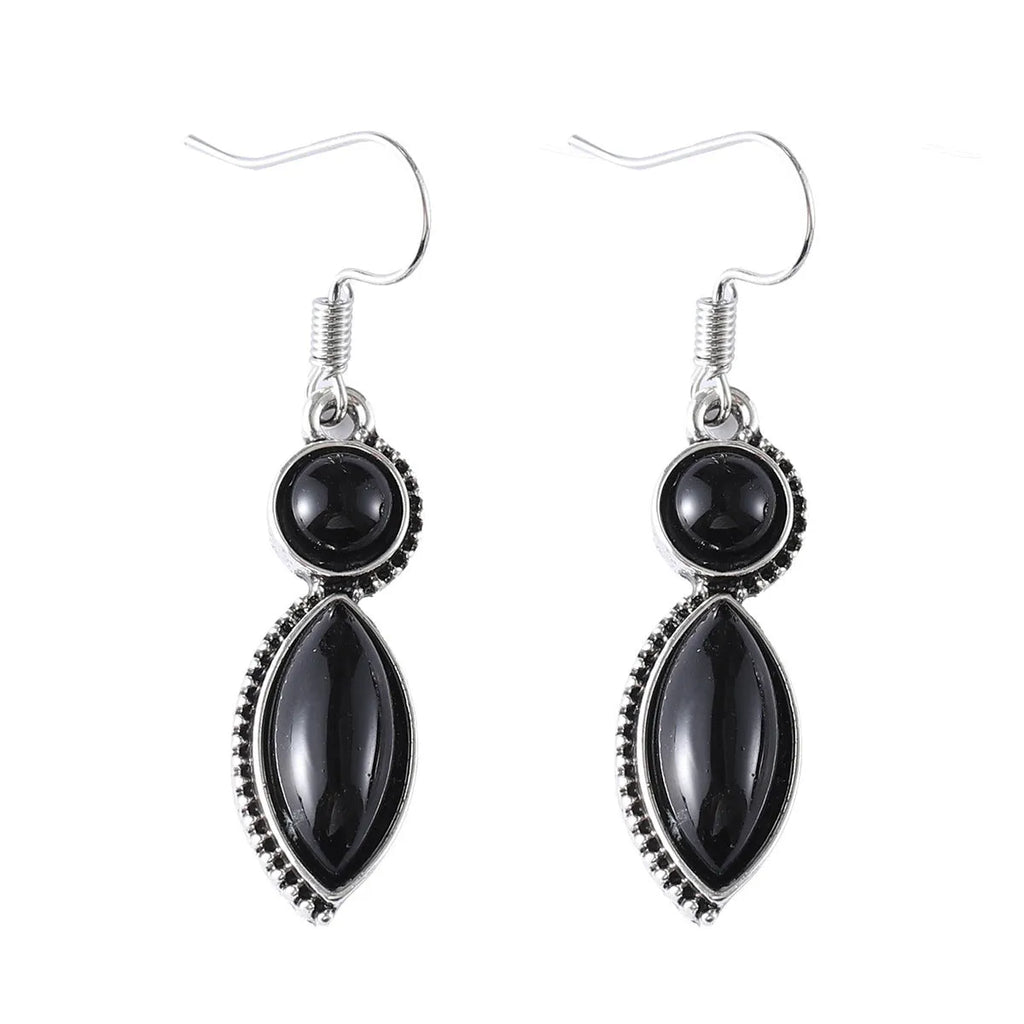 Geometric vintage pendant earrings with black and purple electroplated finish and round elements