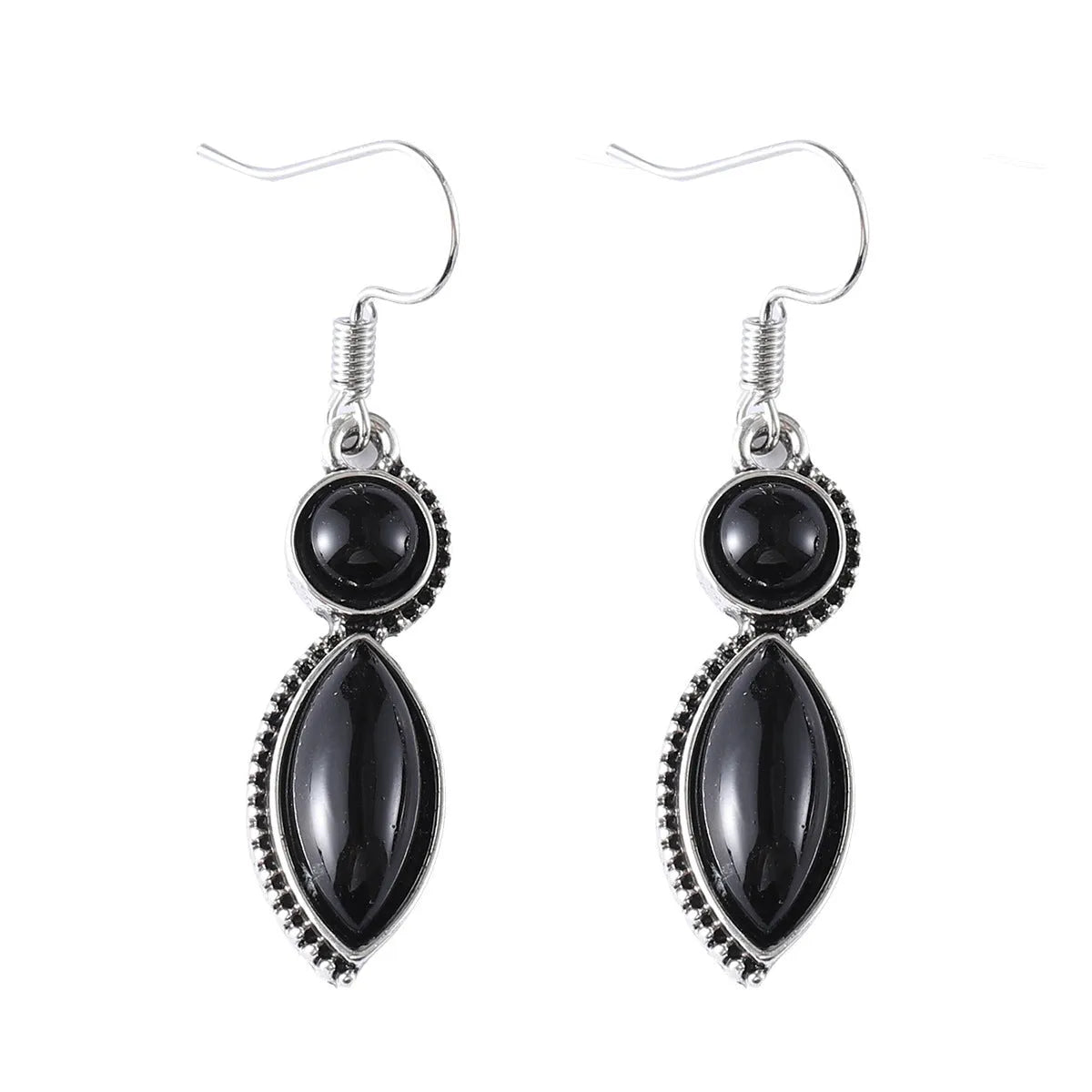Geometric vintage pendant earrings with black and purple electroplated finish and round elements
