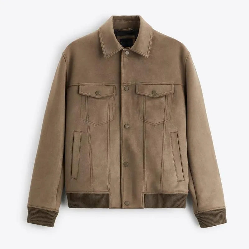 Women's British style suede velvet commuter jacket in light grey and mink colours with long sleeves