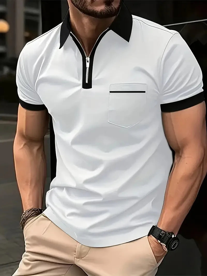 Men's loose-fit casual short-sleeve shirt with a chest pocket and zipper detail on the front.