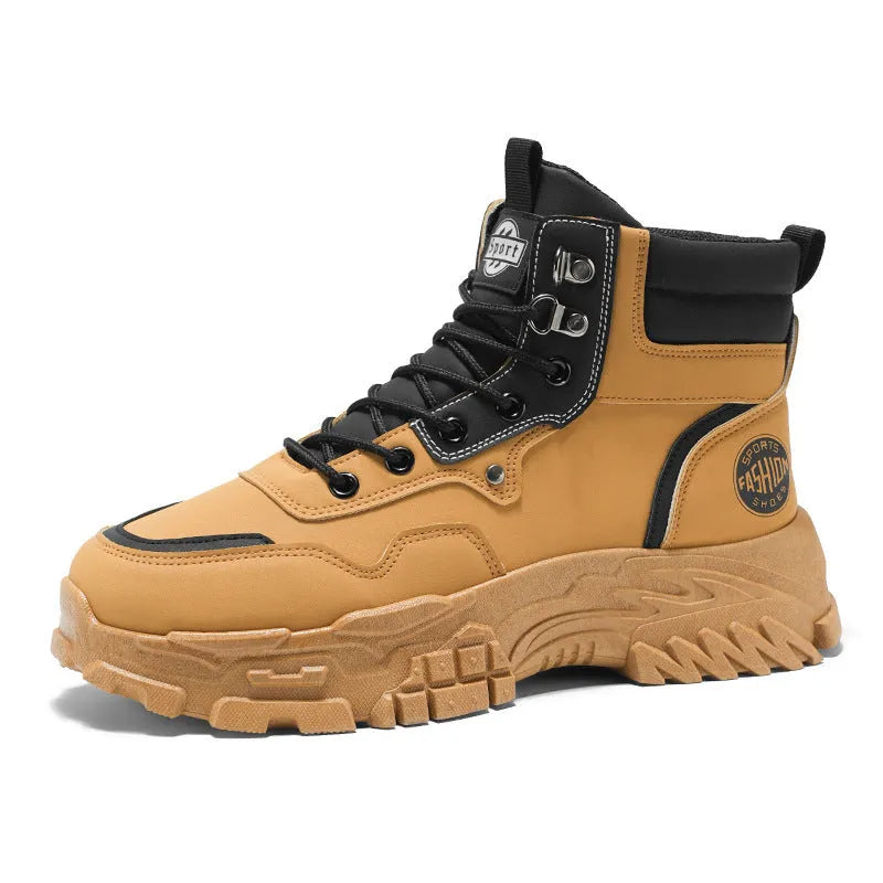 Men's black and yellow high-top Martin boots with a mid heel on a white background.