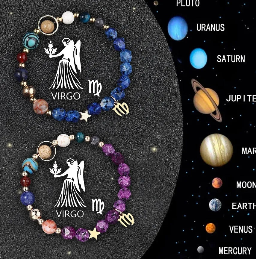 Set of twelve natural stone beaded bracelets showing different zodiac sign designs on elastic cords