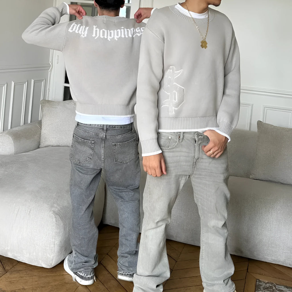 Grey loose-fitting jacquard knitwear coat with long sleeves and pullover style