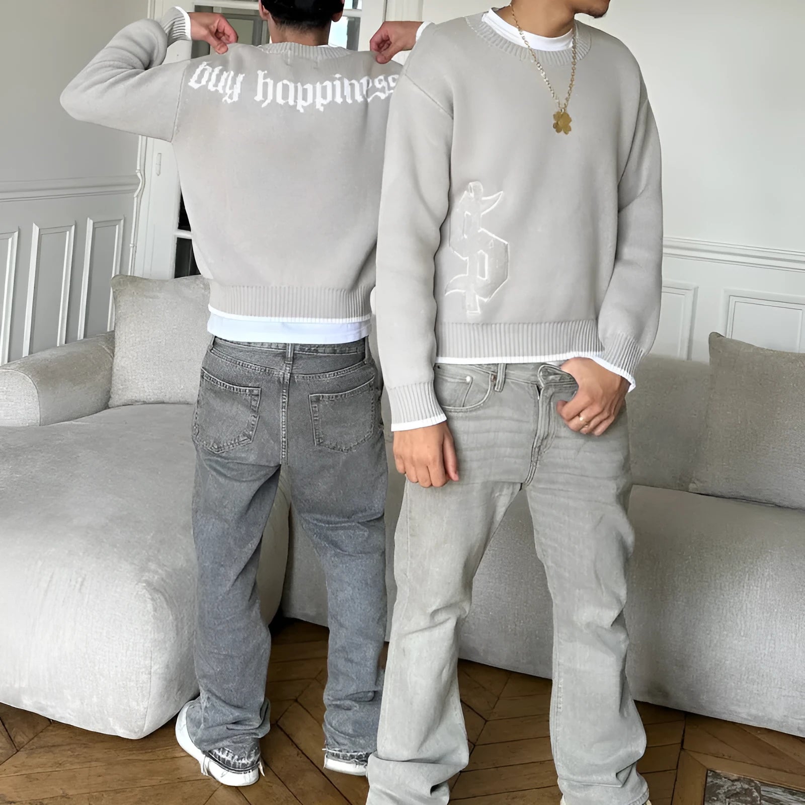 Grey loose-fitting jacquard knitwear coat with long sleeves and pullover style