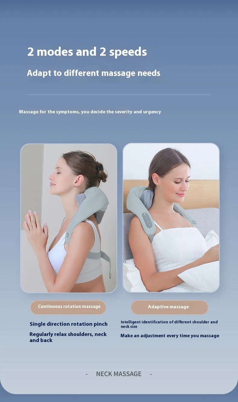 Grey elastic fabric covered neck and back massager with USB charging cable